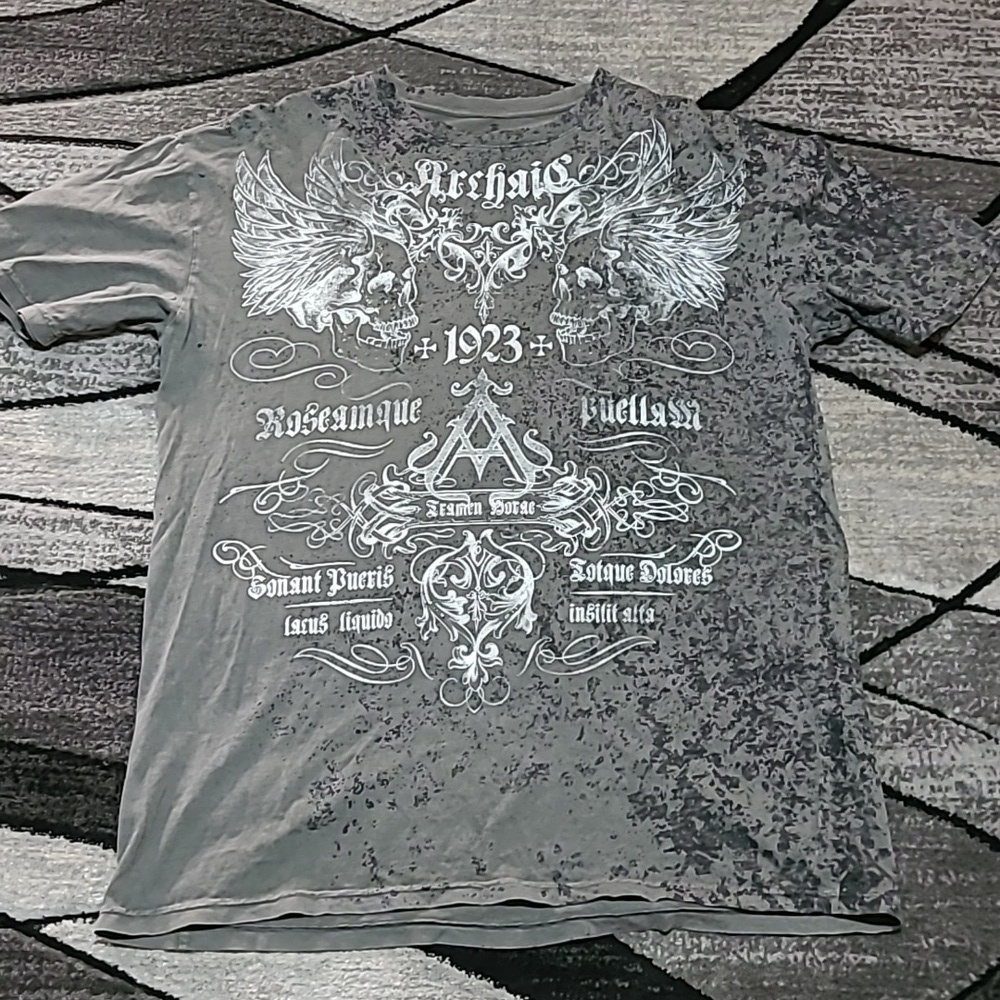 ARCHAIC BY AFFLICTION GRAY SPLATTER WINGS SKULL 💀 CREW-NECK TEE-SHIRT
